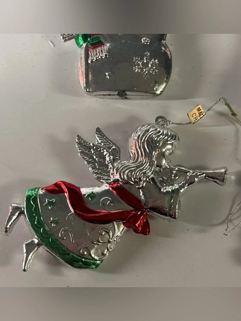 4 Metallic Silver Red Green Hard Plastic‎ Christmas Ornaments Rocking Horse Bell